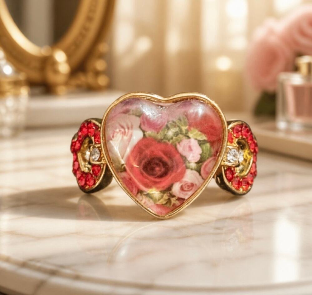 Heart-Shaped Floral Ring with Red Accents